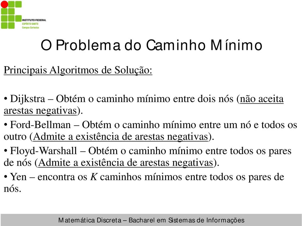 Ford-Bellman Obtém o caminho mínimo entre um nó e todos os outro (Admite a existência de arestas