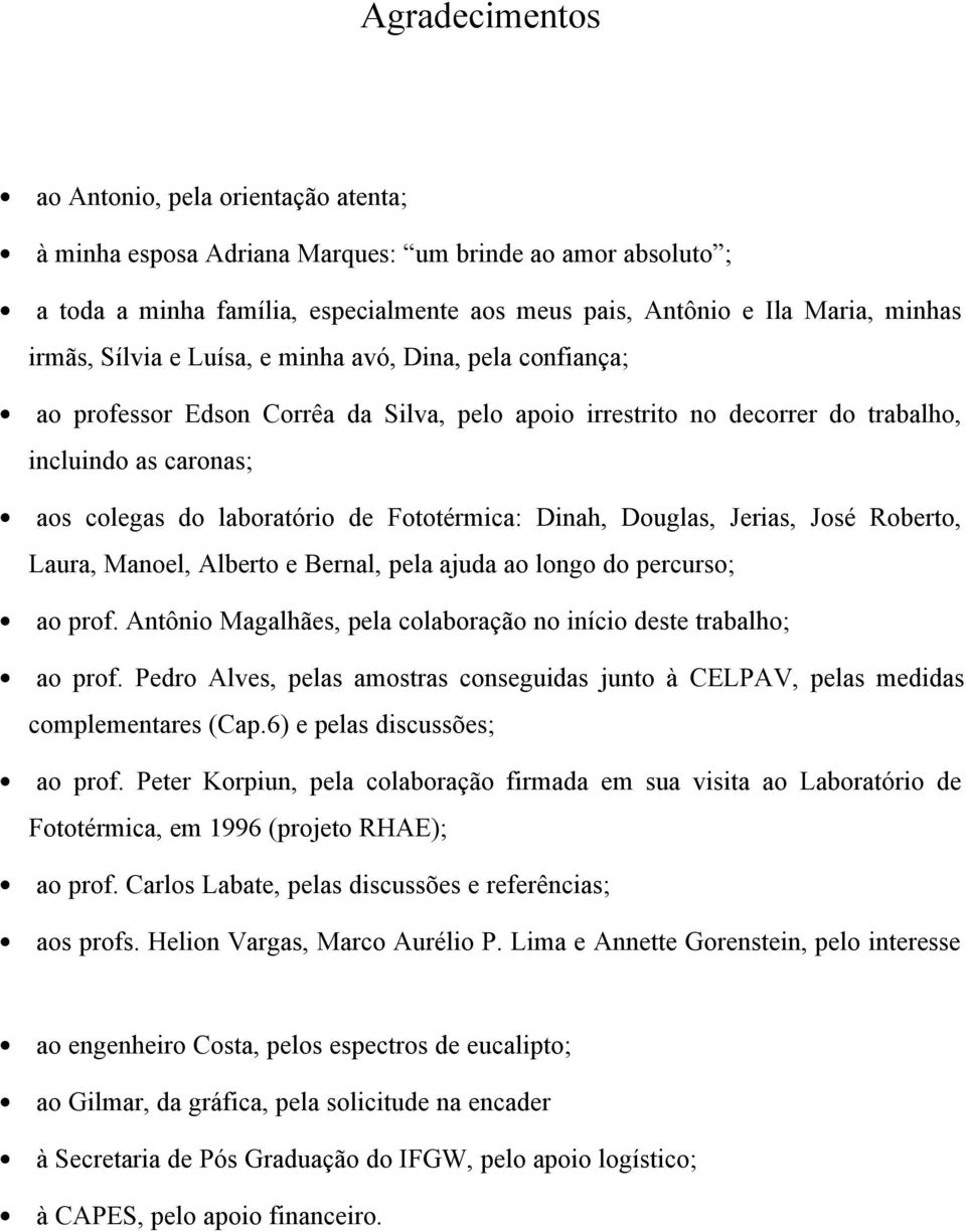 Dinah, Douglas, Jerias, José Roberto, Laura, Manoel, Alberto e Bernal, pela ajuda ao longo do percurso; ao prof. Antônio Magalhães, pela colaboração no início deste trabalho; ao prof.