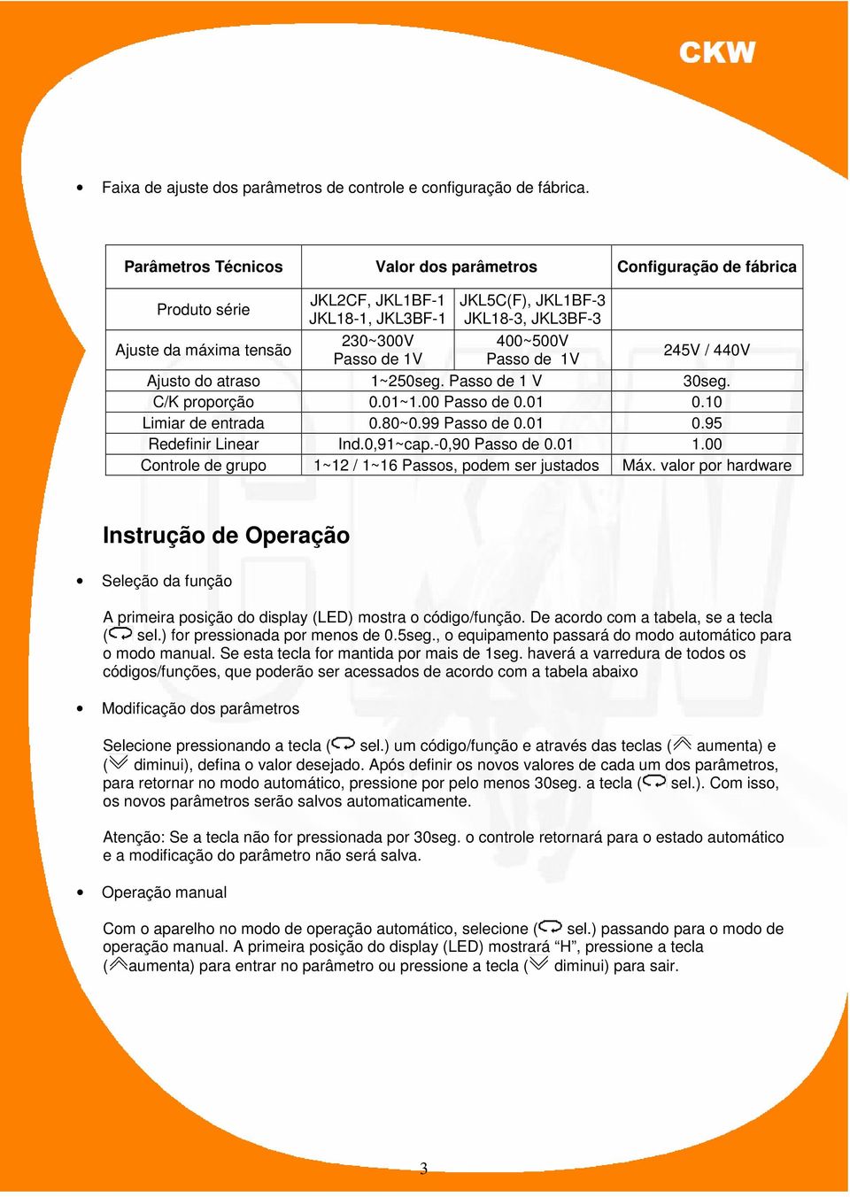 400~500V Passo de 1V 245V / 440V Ajusto do atraso 1~250seg. Passo de 1 V 30seg. C/K proporção 0.01~1.00 Passo de 0.01 0.10 Limiar de entrada 0.80~0.99 Passo de 0.01 0.95 Redefinir Linear Ind.0,91~cap.