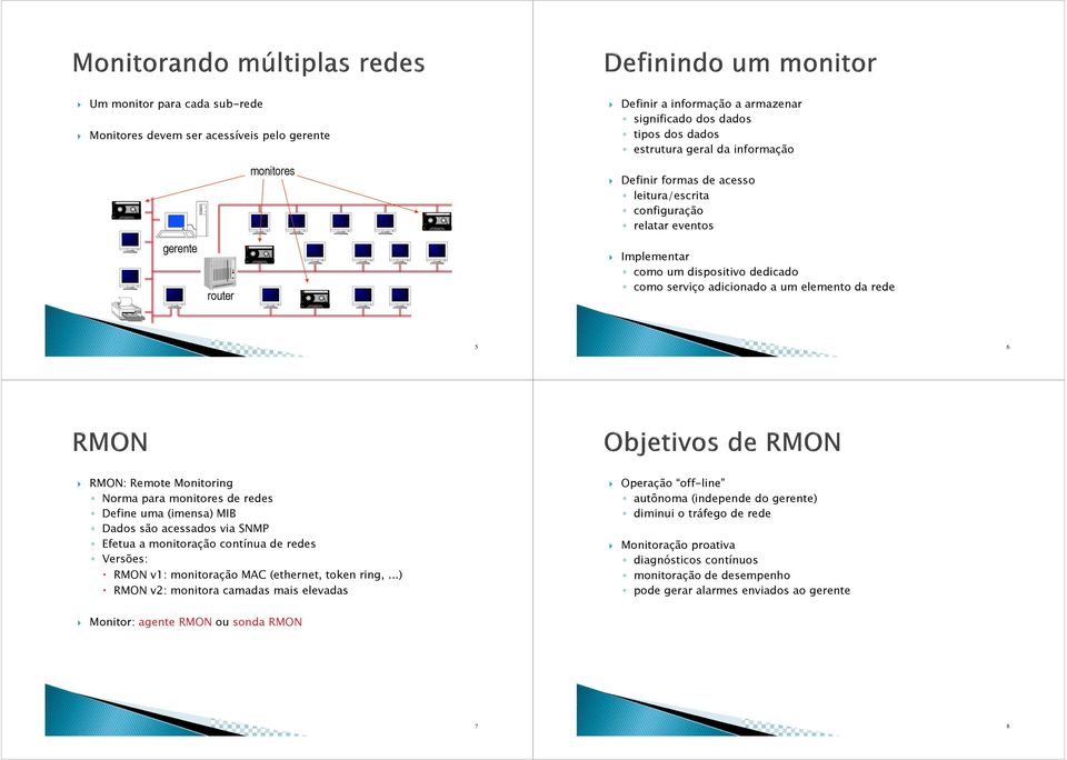 monitores de redes Define uma (imensa) MIB Dados são acessados via SNMP Efetua a monitoração contínua de redes Versões: RMON v1: monitoração MAC (ethernet, token ring,.