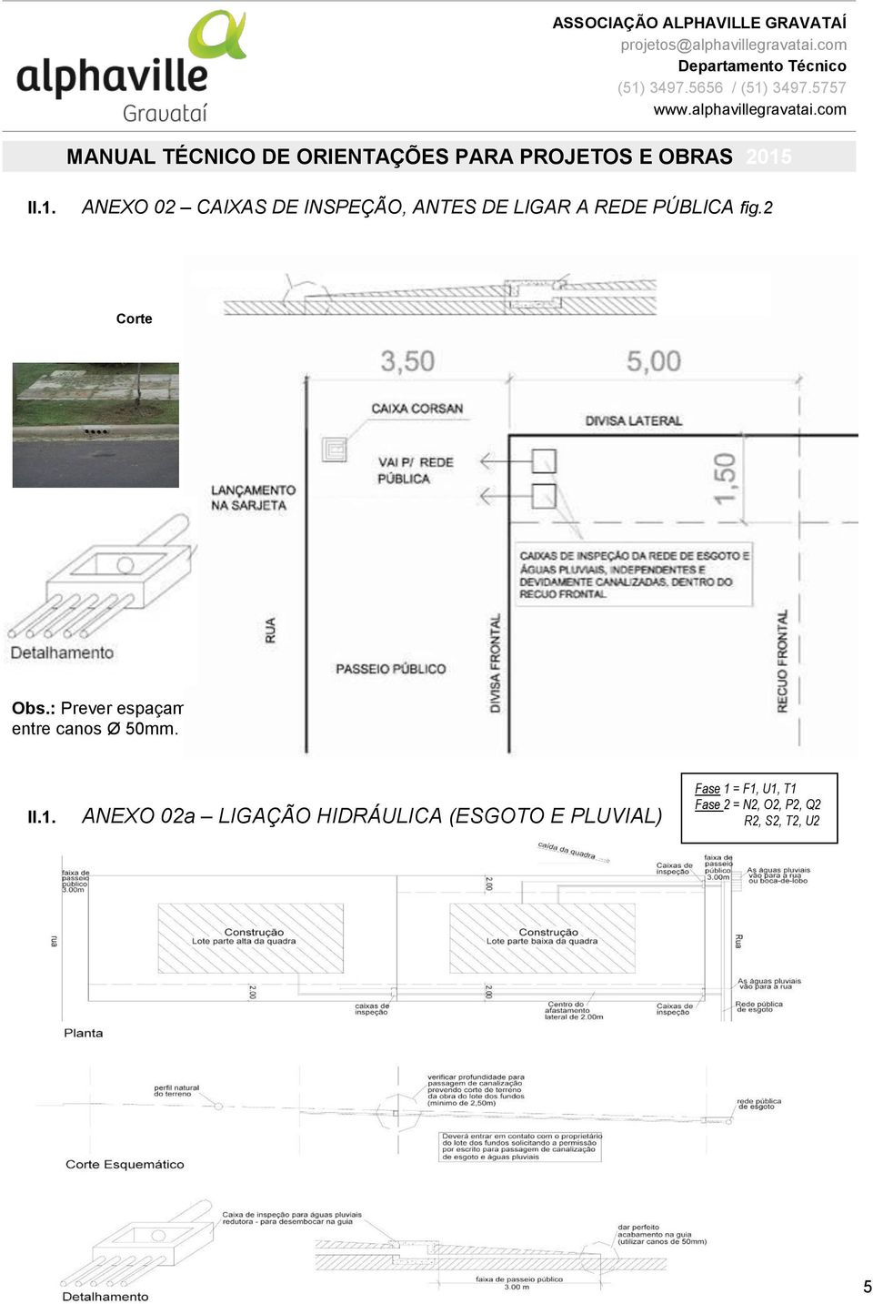 : Prever espaçamento entre canos Ø 50mm. II.1.