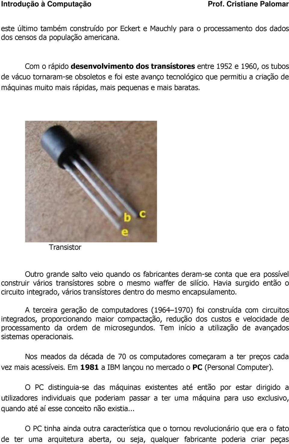 pequenas e mais baratas. Transistor Outro grande salto veio quando os fabricantes deram-se conta que era possível construir vários transístores sobre o mesmo waffer de silício.