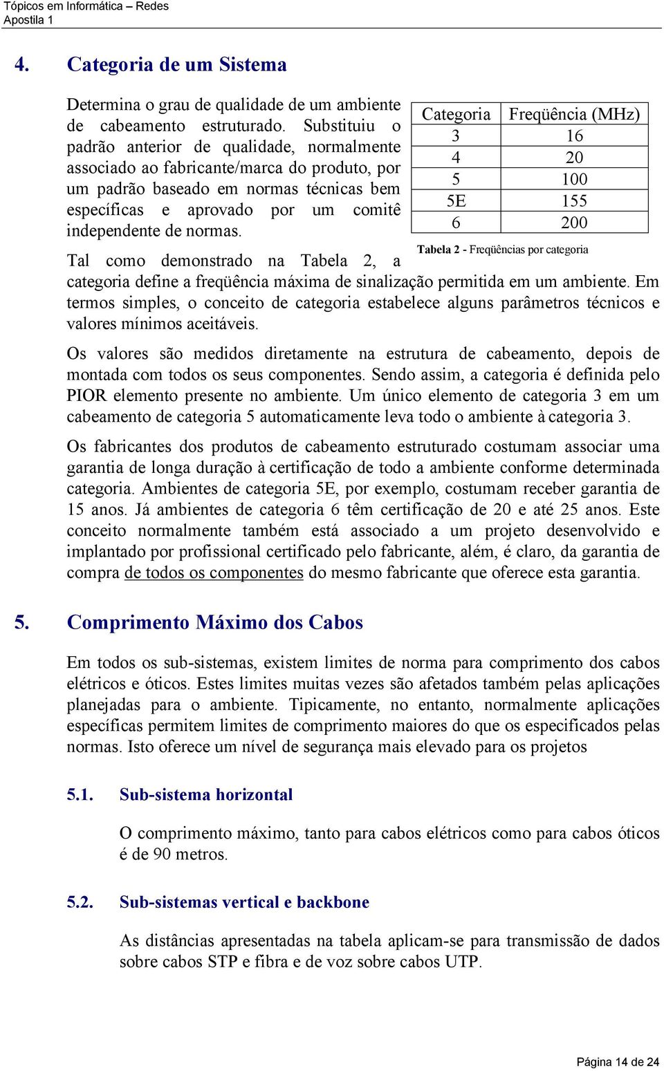 normas. Tal como demonstrado na Tabela 2, a categoria define a freqüência máxima de sinalização permitida em um ambiente.