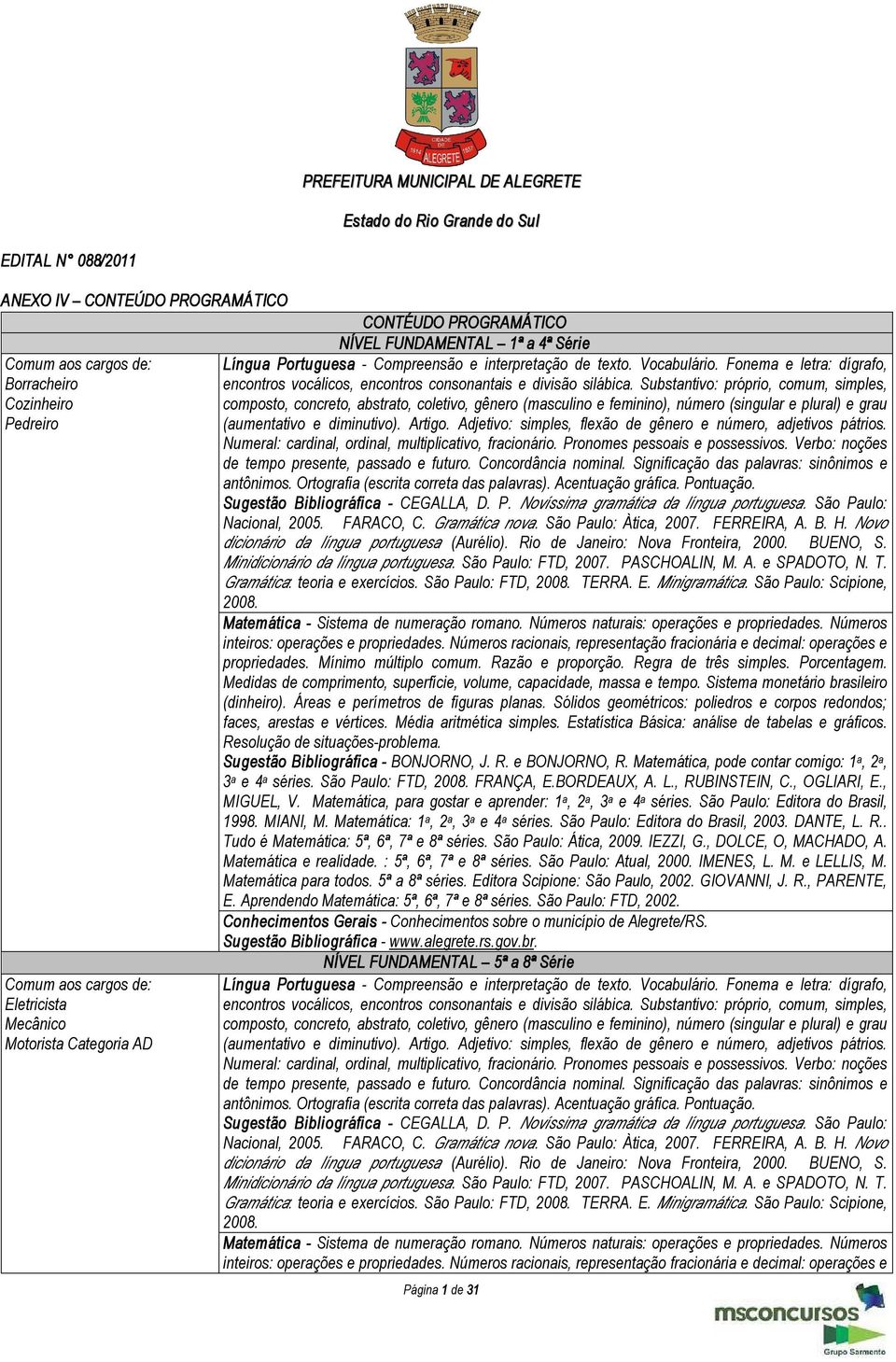 Substantivo: próprio, comum, simples, Cozinheiro composto, concreto, abstrato, coletivo, gênero (masculino e feminino), número (singular e plural) e grau Pedreiro (aumentativo e diminutivo). Artigo.