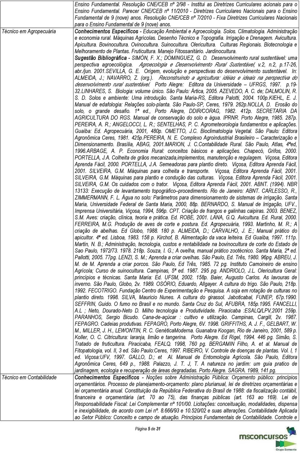 Resolução CNE/CEB nº 7/2010 Fixa Diretrizes Curriculares Nacionais para o Ensino Fundamental de 9 (nove) anos. Conhecimentos Específicos Educação Ambiental e Agroecologia. Solos. Climatologia.