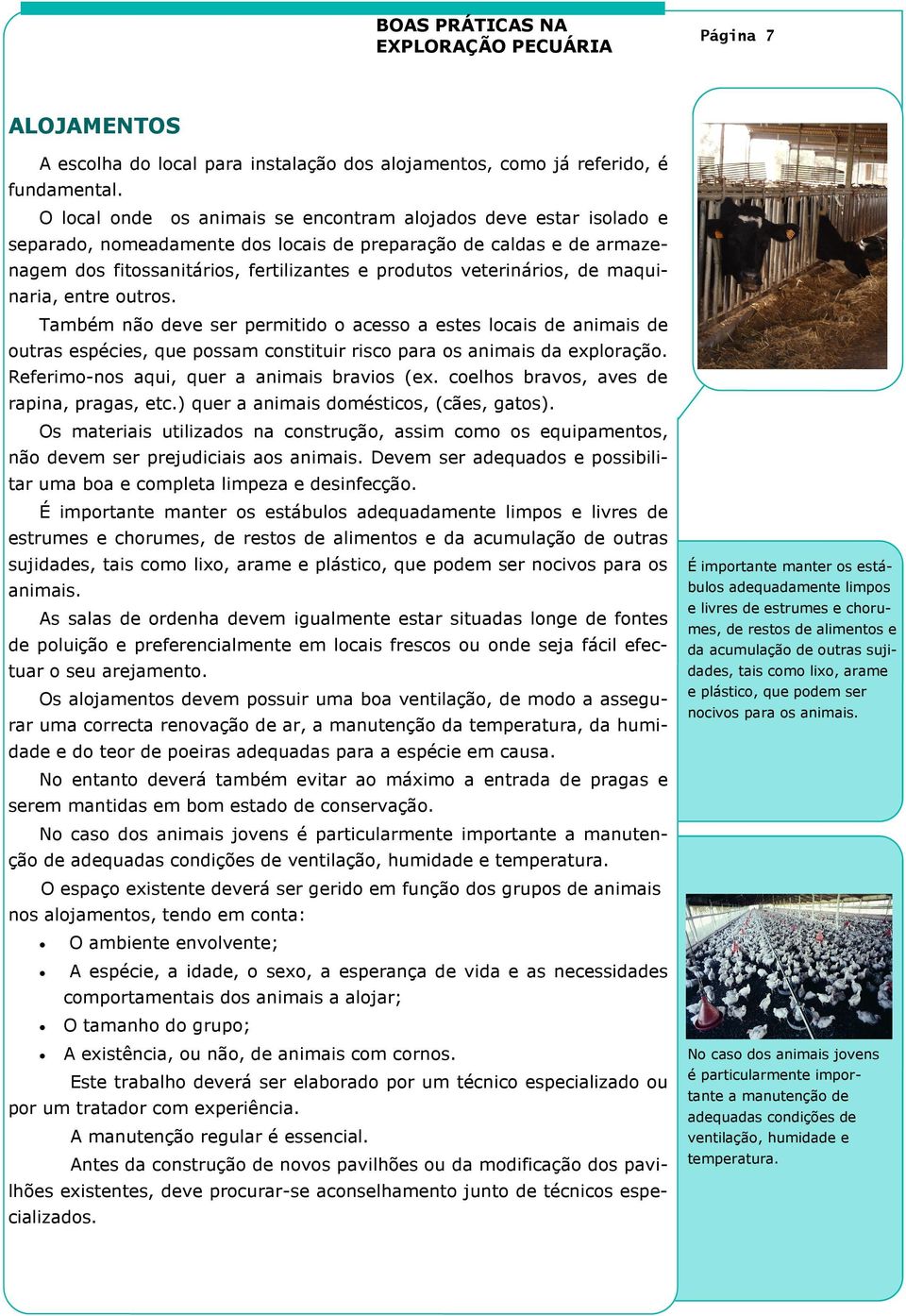 veterinários, de maquinaria, entre outros. Também não deve ser permitido o acesso a estes locais de animais de outras espécies, que possam constituir risco para os animais da exploração.