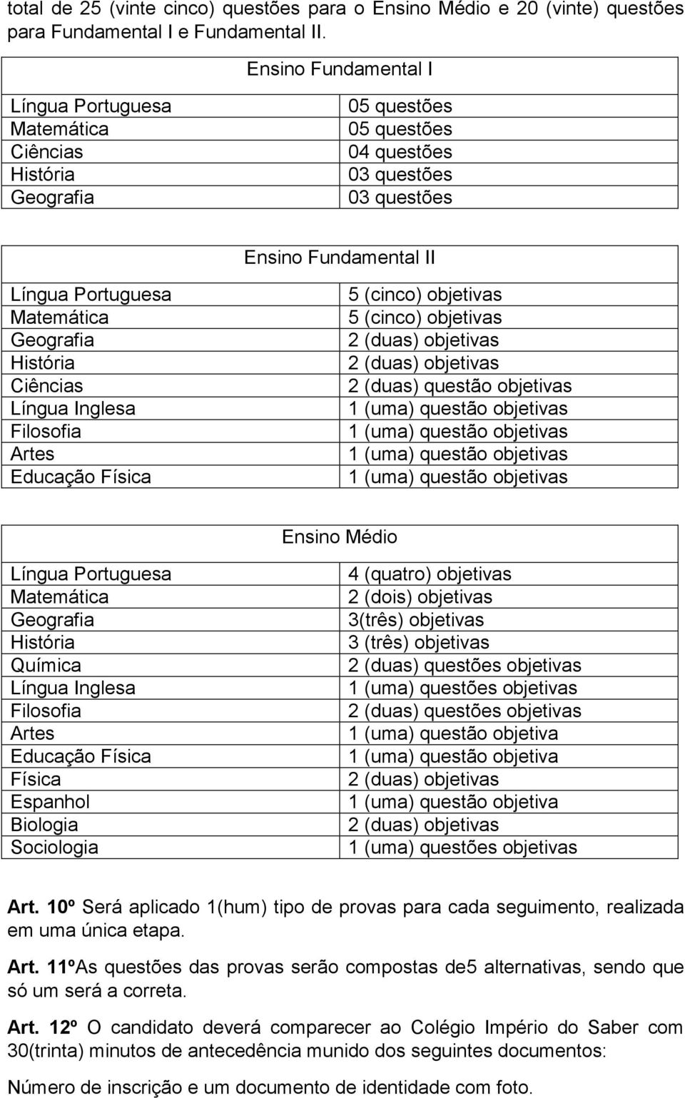 Inglesa Filosofia Artes Educação Física 5 (cinco) objetivas 5 (cinco) objetivas 2 (duas) questão objetivas Ensino Médio Língua Portuguesa Matemática Geografia História Química Língua Inglesa