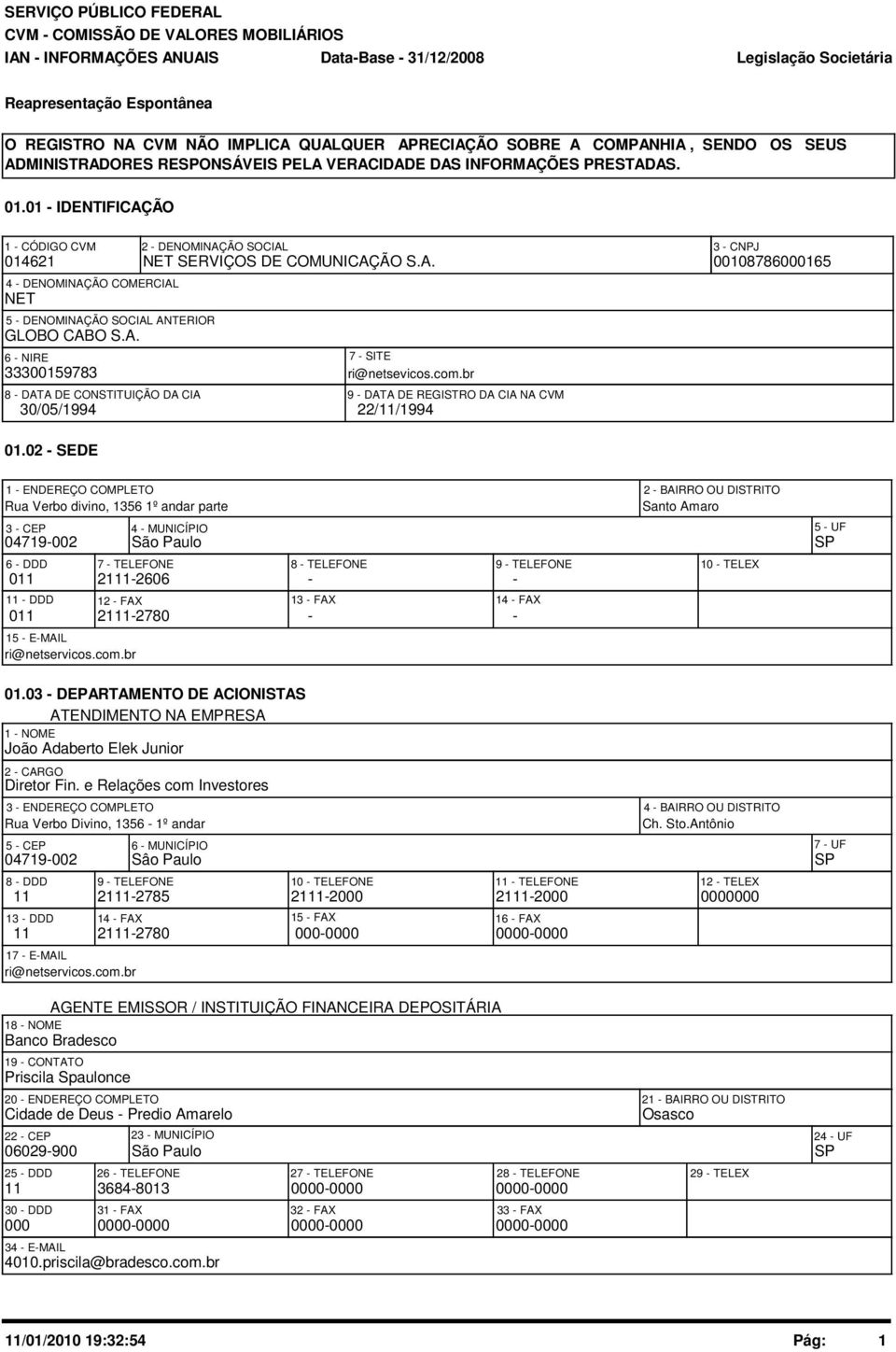 A. 18786165 7 - SITE ri@netsevicos.com.br 8 - DATA DE CONSTITUIÇÃO DA CIA 9 - DATA DE REGISTRO DA CIA NA CVM 3/5/1994 22/11/1994 1.