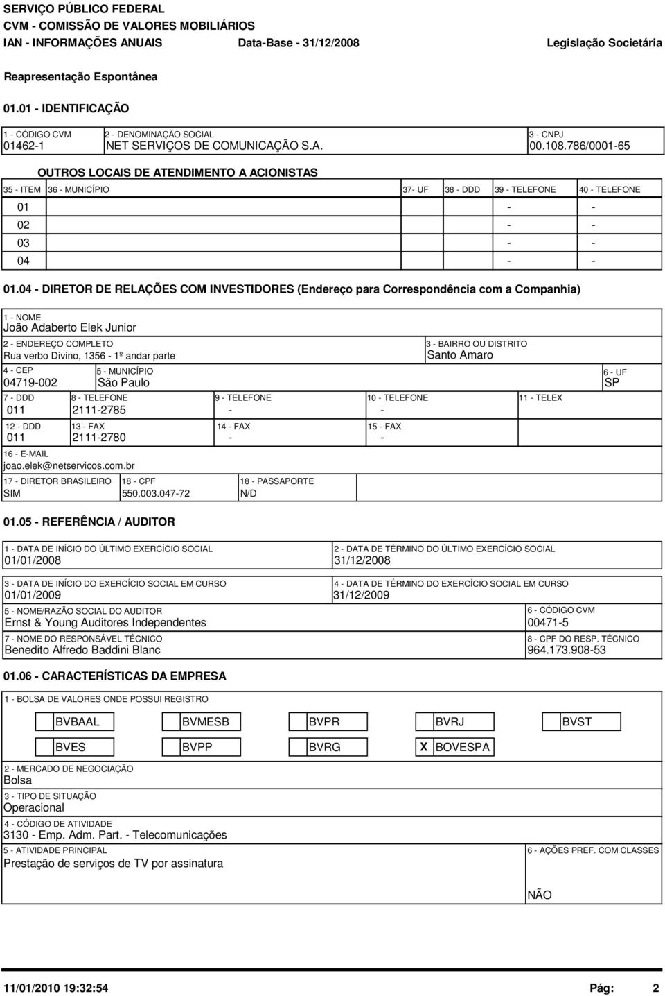 4 - DIRETOR DE RELAÇÕES COM INVESTIDORES (Endereço para Correspondência com a Companhia) 1 - NOME João Adaberto Elek Junior 2 - ENDEREÇO COMPLETO Rua verbo Divino, 1356-1º andar parte 4 - CEP 4719-2