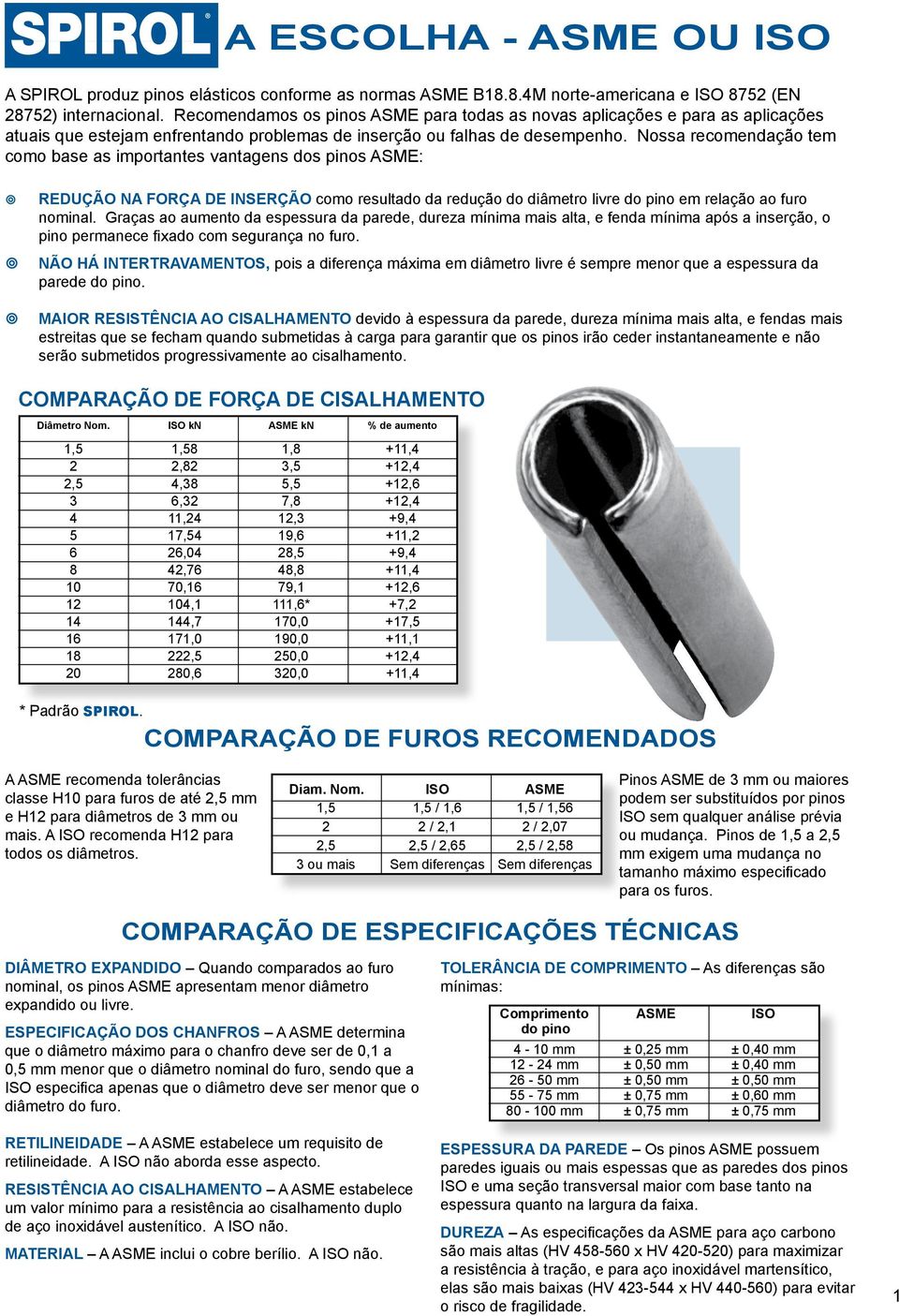 Nossa recomendação tem como base as importantes vantagens dos pinos ASME: REDUÇÃO NA FORÇA DE INSERÇÃO como resultado da redução do diâmetro livre do pino em relação ao furo nominal.