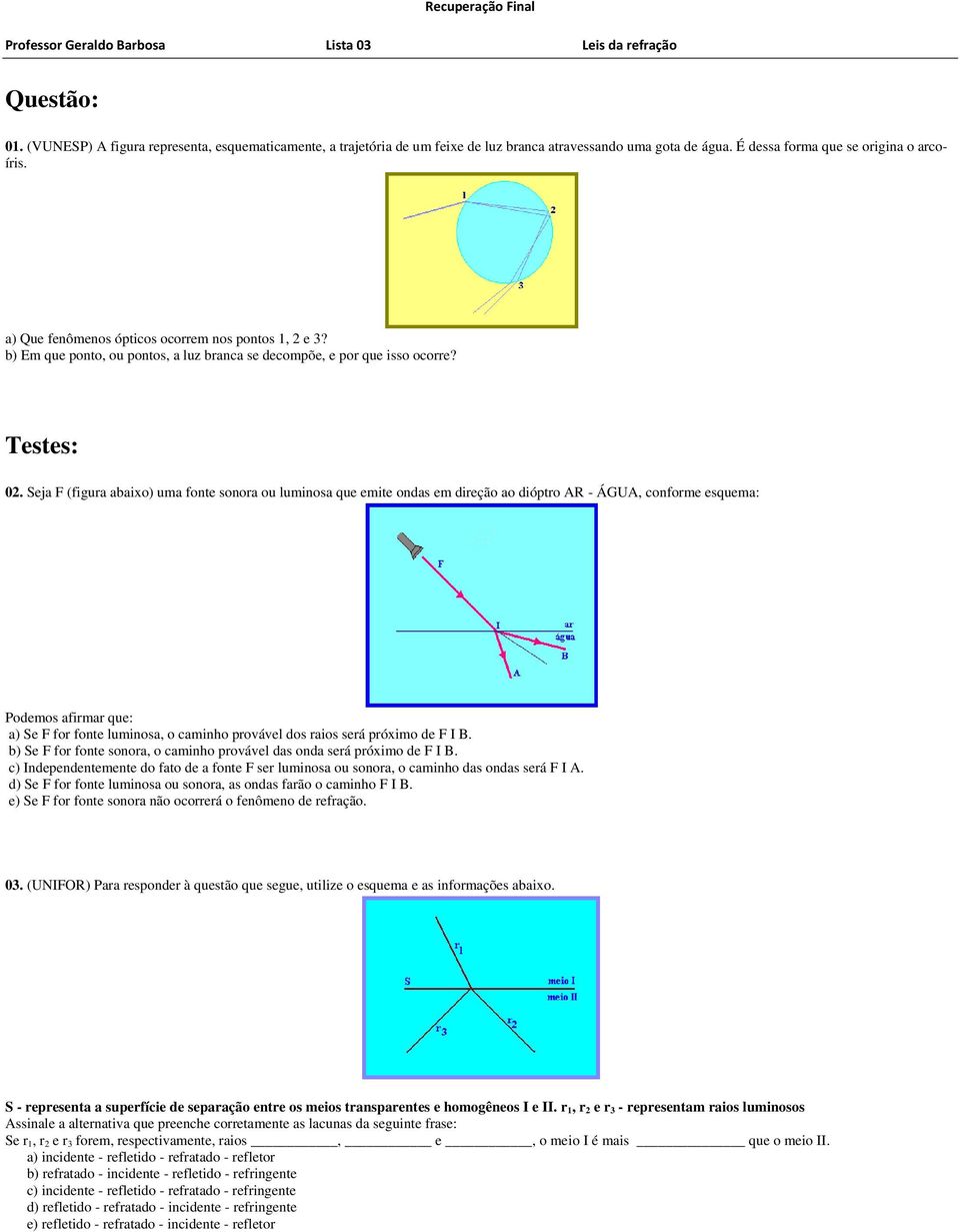 Seja F (figura abaixo) uma fonte sonora ou luminosa que emite ondas em direção ao dióptro AR - ÁGUA, conforme esquema: Podemos afirmar que: a) Se F for fonte luminosa, o caminho provável dos raios