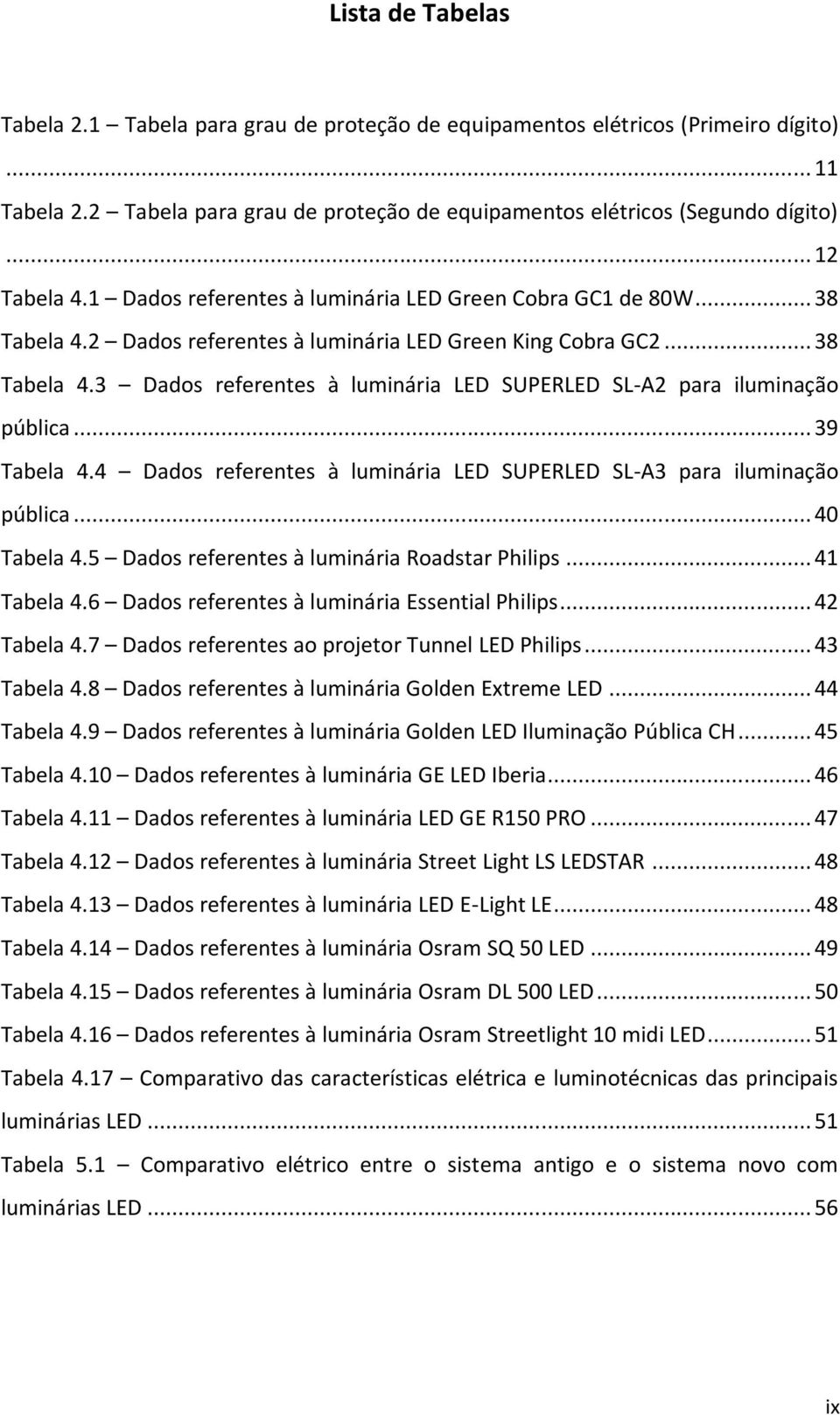 .. 39 Tabela 4.4 Dados referentes à luminária LED SUPERLED SL-A3 para iluminação pública... 40 Tabela 4.5 Dados referentes à luminária Roadstar Philips... 41 Tabela 4.