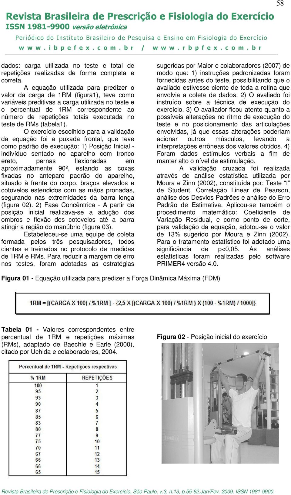 A equação utilizada para predizer o valor da carga de 1RM (figura1), teve como variáveis preditivas a carga utilizada no teste e o percentual de 1RM correspondente ao número de repetições totais