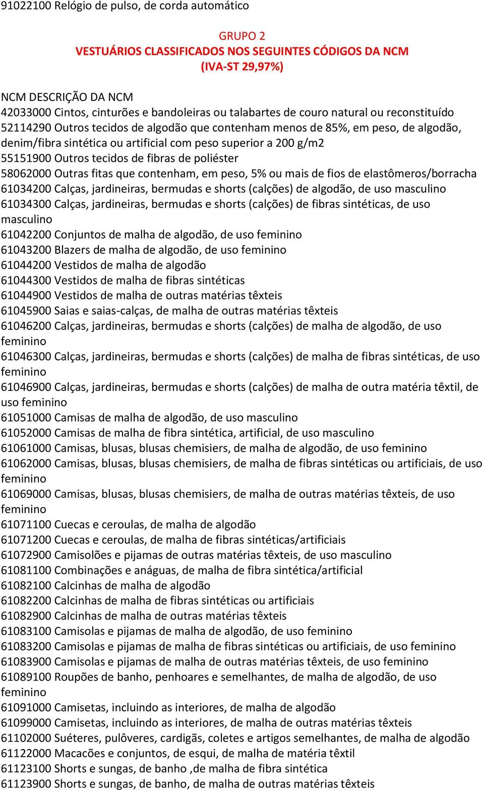 poliéster 58062000 Outras fitas que contenham, em peso, 5% ou mais de fios de elastômeros/borracha 61034200 Calças, jardineiras, bermudas e shorts (calções) de algodão, de uso masculino 61034300