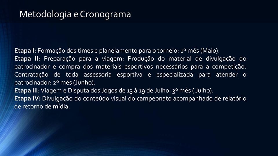 necessários para a competição. Contratação de toda assessoria esportiva e especializada para atender o patrocinador: 2º mês (Junho).