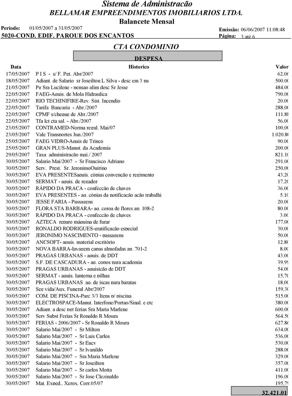 Sist. Incendio 20,00 22/05/2007 Tarifa Bancaria - Abr./2007 288,00 22/05/2007 CPMF s/cheque de Abr./2007 111,88 22/05/2007 Tfa lct cta sal. - Abr./2007 56,00 23/05/2007 CONTRAMED-Norma regul.