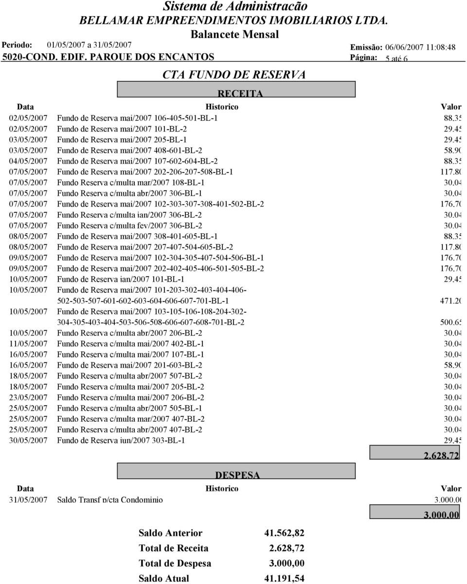 mai/2007 205-BL-1 29,45 03/05/2007 Fundo de Reserva mai/2007 408-601-BL-2 58,90 04/05/2007 Fundo de Reserva mai/2007 107-602-604-BL-2 88,35 07/05/2007 Fundo de Reserva mai/2007 202-206-207-508-BL-1
