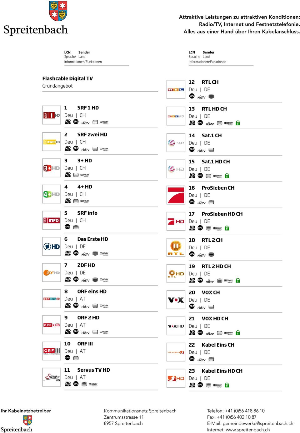 1 HD CH 4 4+ HD 16 ProSieben CH 5 SRF info 17 ProSieben HD CH 6 Das Erste HD 18 RTL 2 CH 7