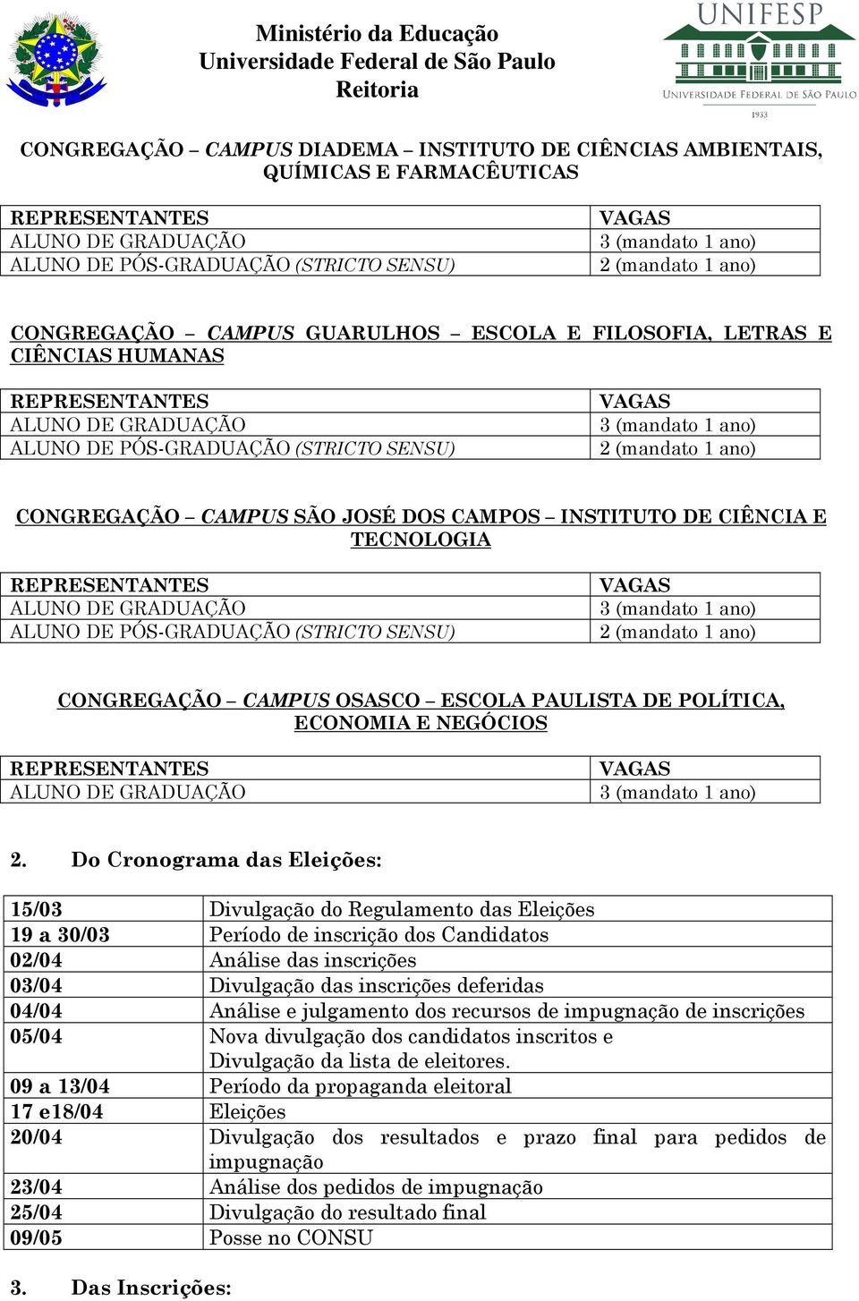 Do Cronograma das Eleições: 15/03 Divulgação do Regulamento das Eleições 19 a 30/03 Período de inscrição dos Candidatos 02/04 Análise das inscrições 03/04 Divulgação das inscrições deferidas 04/04