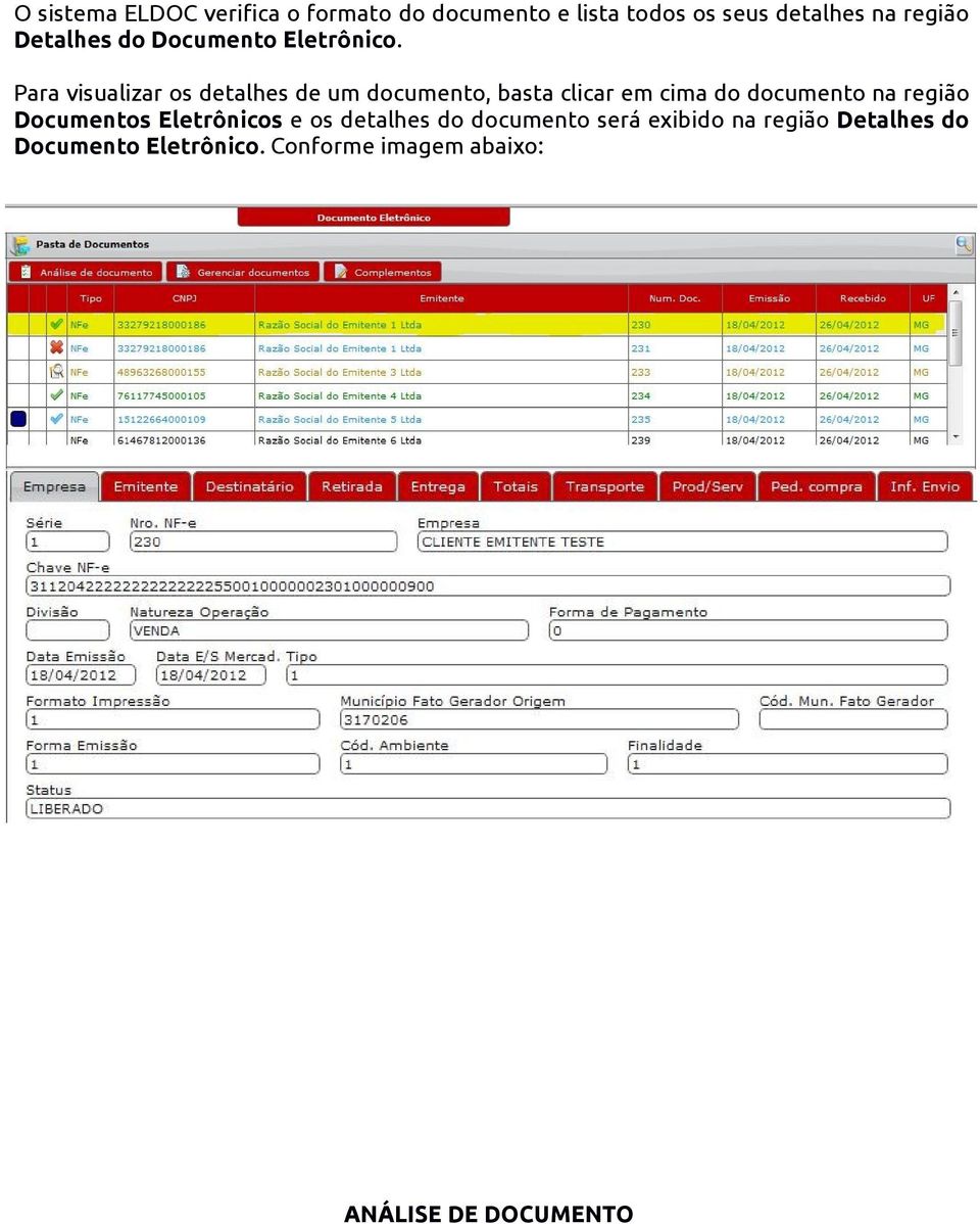 Para visualizar os detalhes de um documento, basta clicar em cima do documento na região