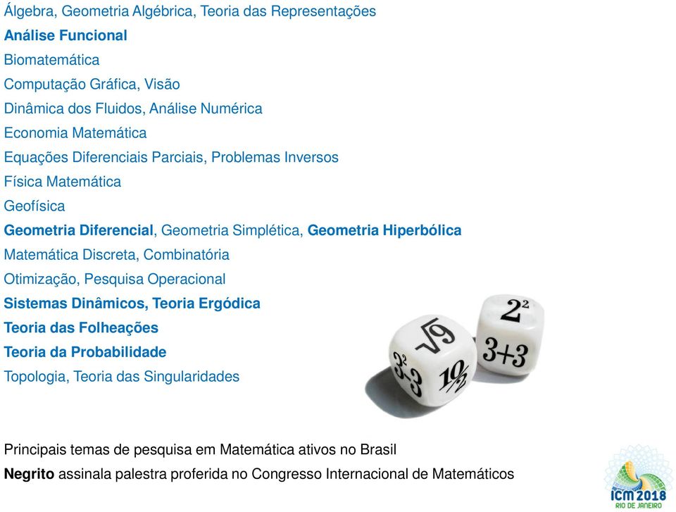 Hiperbólica Matemática Discreta, Combinatória Otimização, Pesquisa Operacional Sistemas Dinâmicos, Teoria Ergódica Teoria das Folheações Teoria da Probabilidade