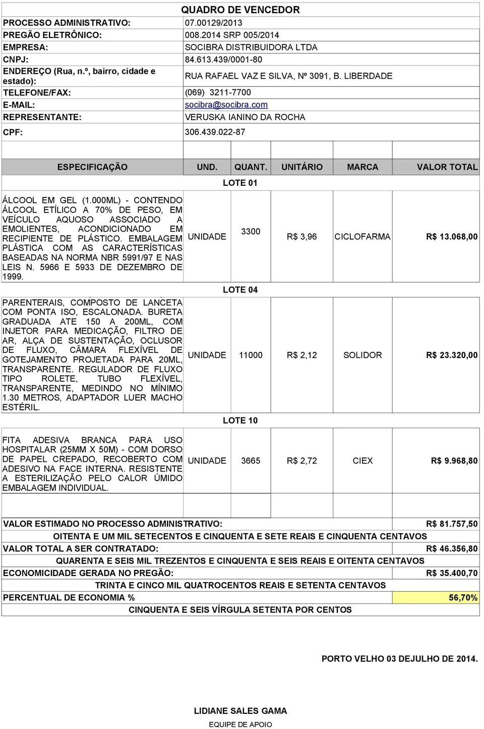 000ML) - CONTENDO ÁLCOOL ETÍLICO A 70% DE PESO, EM VEÍCULO AQUOSO ASSOCIADO A EMOLIENTES, ACONDICIONADO EM RECIPIENTE DE PLÁSTICO. EMBALAGEM UNIDADE 3300 R$ 3,96 CICLOFARMA R$ 13.