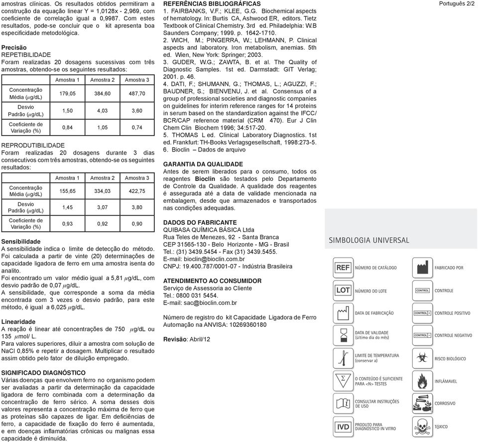 Precisão REPETIBILIDADE Foram realizadas 20 dosagens sucessivas com três amostras, obtendo-se os seguintes resultados: Concentração Média Desvio Padrão Variação (%) Amostra 1 Amostra 2 Amostra 3