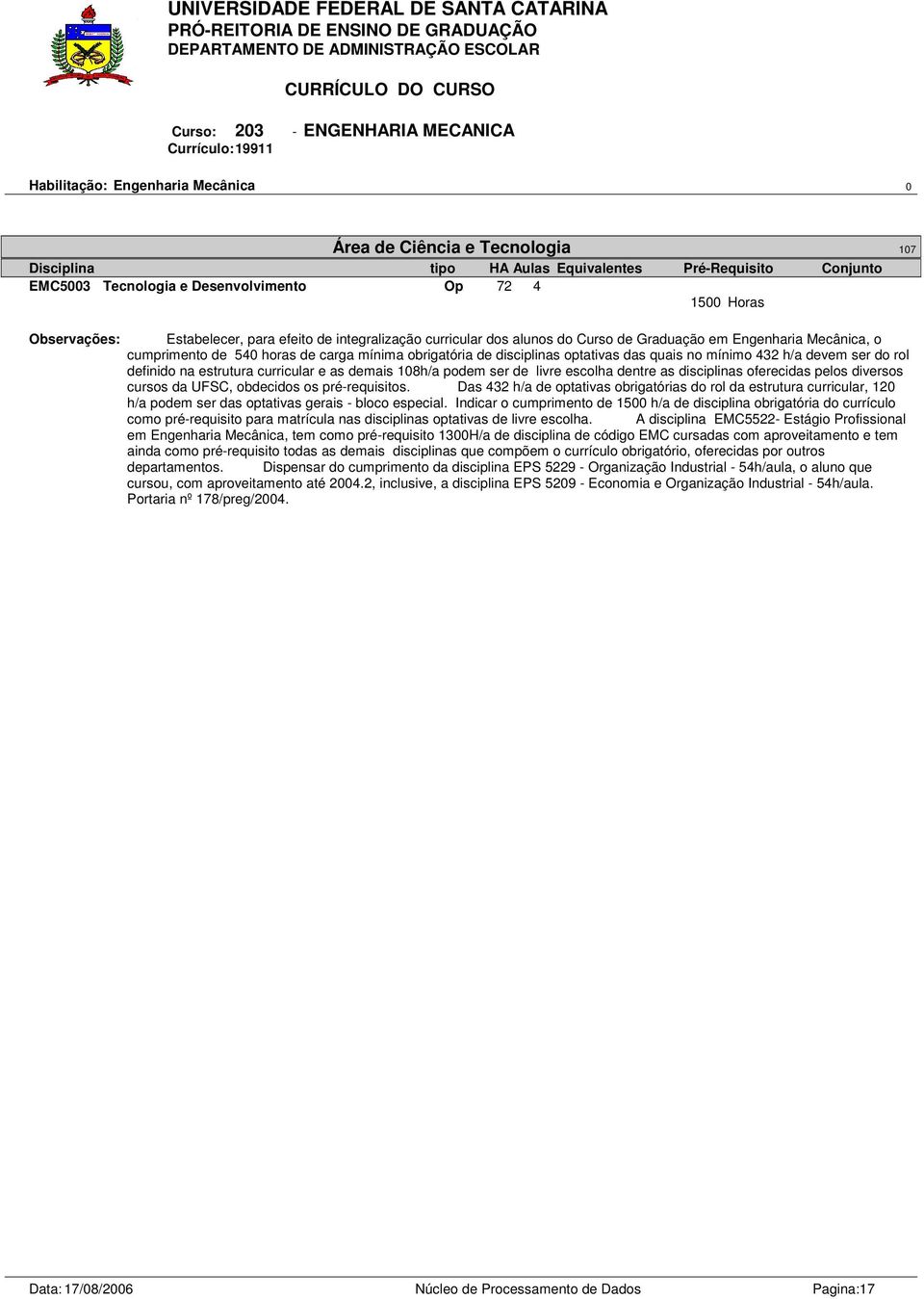 curricular e as demais h/a podem ser de livre escolha dentre as disciplinas oferecidas pelos diversos cursos da UFSC, obdecidos os prérequisitos.