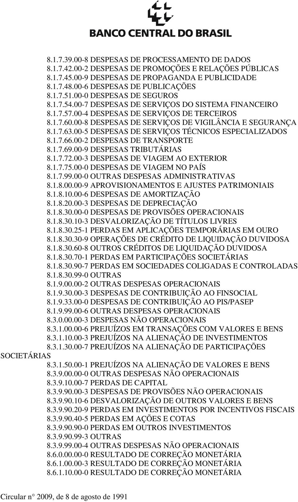 00-5 DESPESAS DE SERVIÇOS TÉCNICOS ESPECIALIZADOS 8.1.7.66.00-2 DESPESAS DE TRANSPORTE 8.1.7.69.00-9 DESPESAS TRIBUTÁRIAS 8.1.7.72.00-3 DESPESAS DE VIAGEM AO EXTERIOR 8.1.7.75.