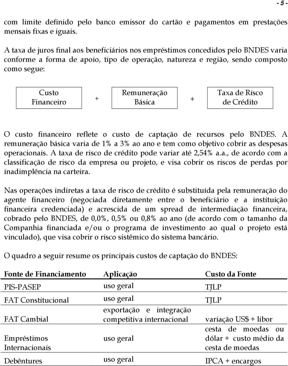 Remuneração Básica + + Taxa de Risco de Crédito O custo financeiro reflete o custo de captação de recursos pelo BNDES.