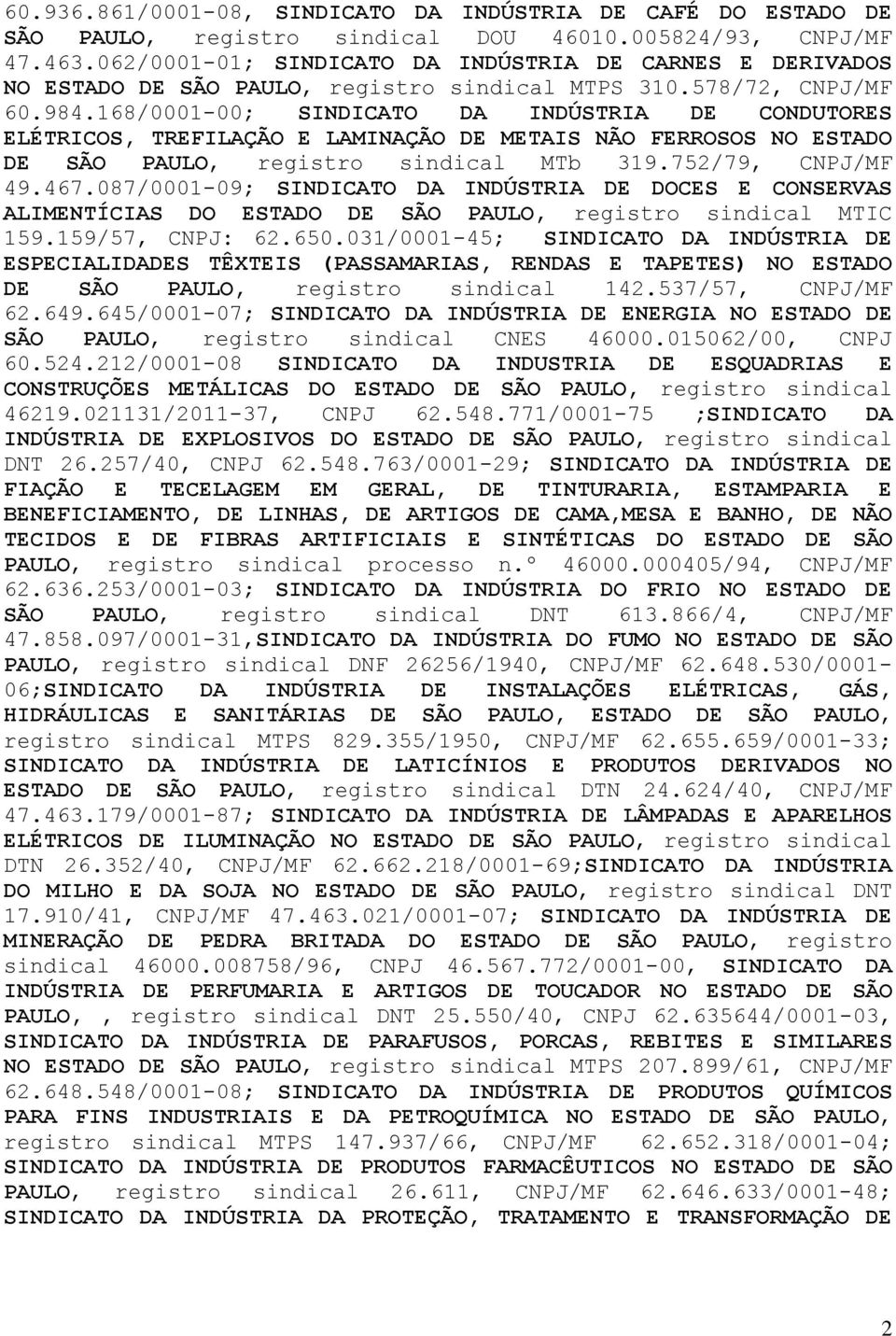 168/0001-00; SINDICATO DA INDÚSTRIA DE CONDUTORES ELÉTRICOS, TREFILAÇÃO E LAMINAÇÃO DE METAIS NÃO FERROSOS NO ESTADO DE SÃO PAULO, registro sindical MTb 319.752/79, CNPJ/MF 49.467.