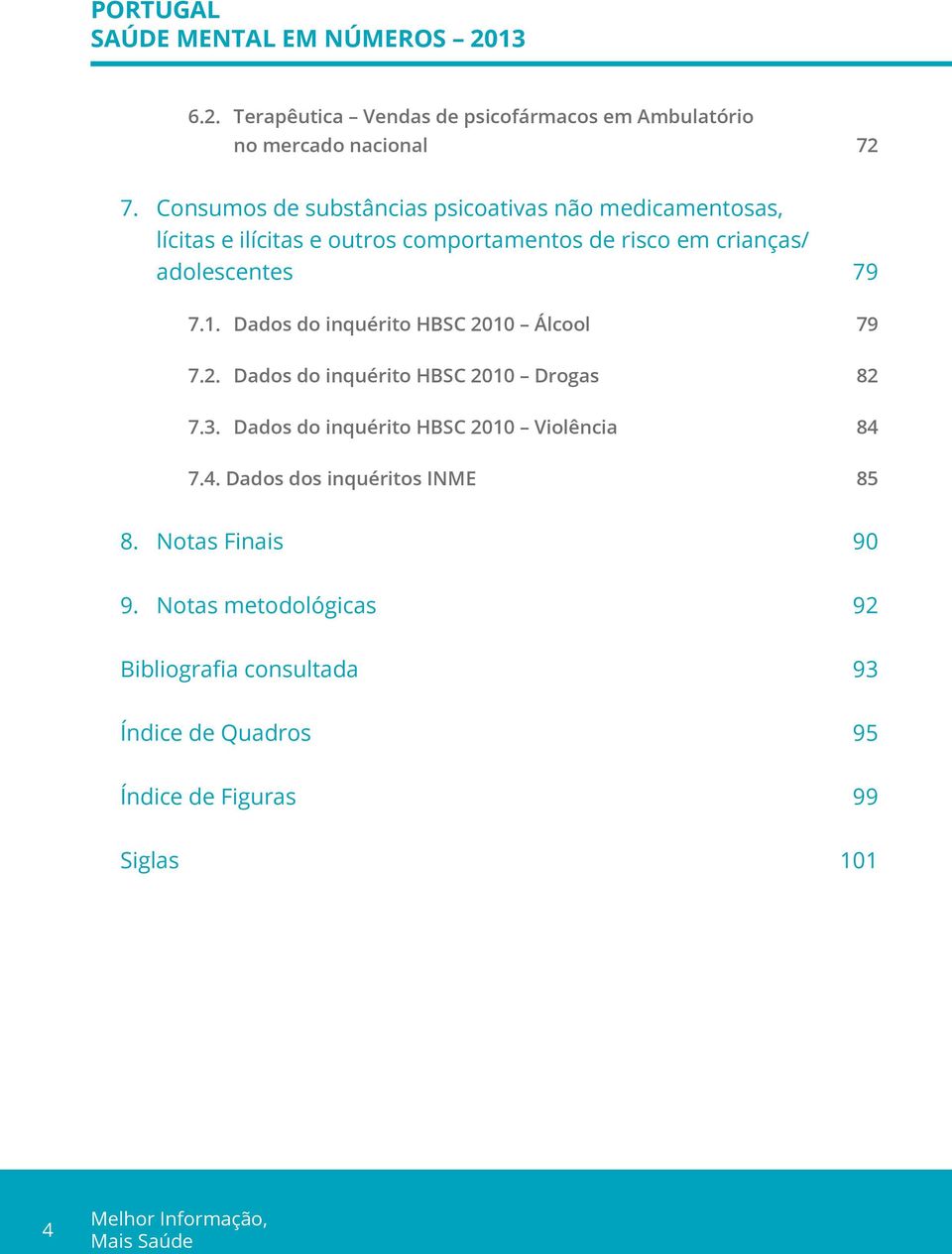 Dados do inquérito HBSC 2010 Álcool 79 7.2. Dados do inquérito HBSC 2010 Drogas 82 7.3. Dados do inquérito HBSC 2010 Violência 84 