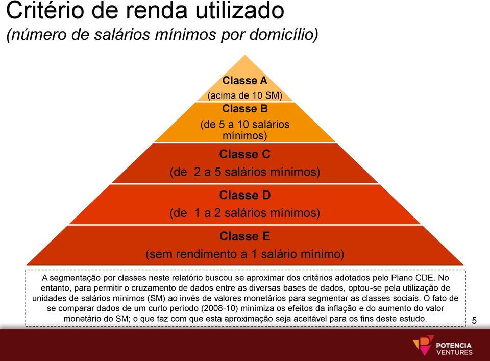 No entanto, para permitir o cruzamento de dados entre as diversas bases de dados, optou-se pela utilização de unidades de salários mínimos (SM) ao invés de valores monetários para segmentar as