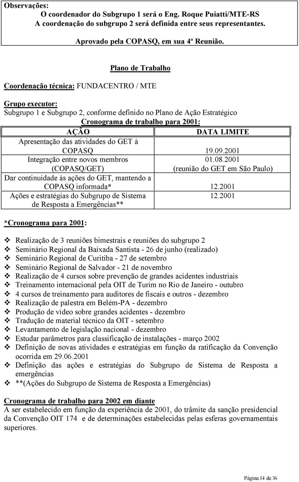 Apresentação das atividades do GET à COPASQ 19.09.2001 Integração entre novos membros (COPASQ/GET) Dar continuidade às ações do GET, mantendo a COPASQ informada* 12.