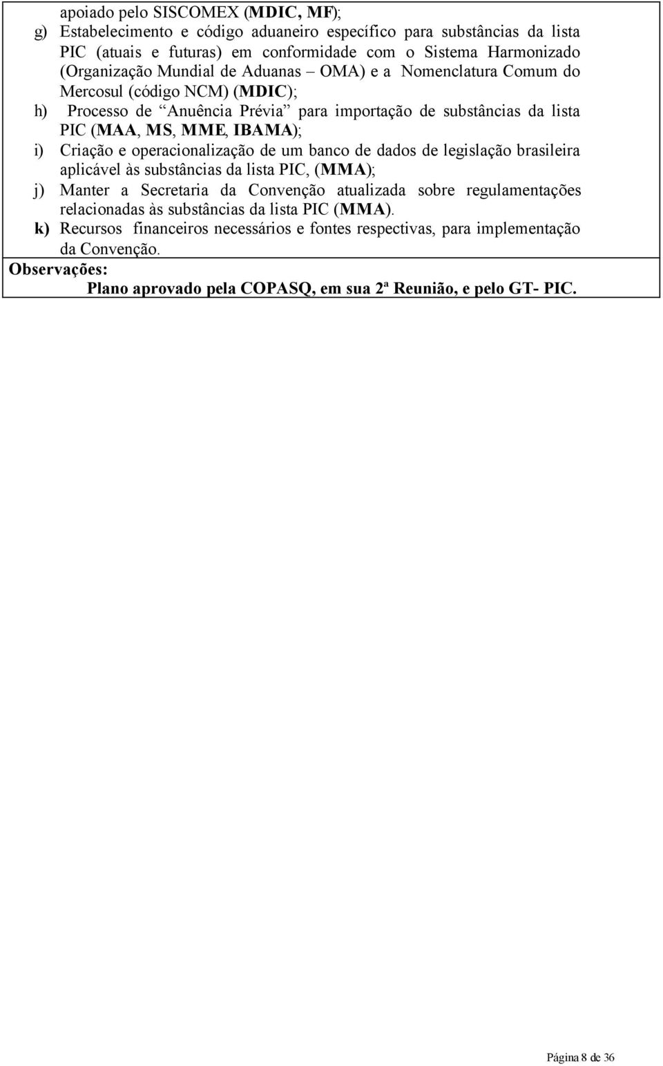 operacionalização de um banco de dados de legislação brasileira aplicável às substâncias da lista PIC, (MMA); j) Manter a Secretaria da Convenção atualizada sobre regulamentações relacionadas às