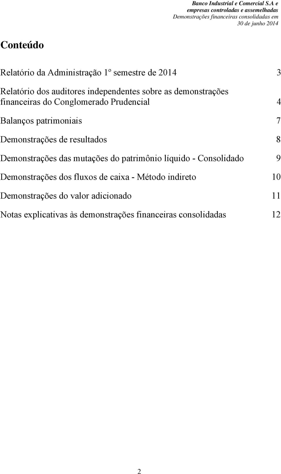 Demonstrações das mutações do patrimônio líquido - Consolidado 9 Demonstrações dos fluxos de caixa - Método