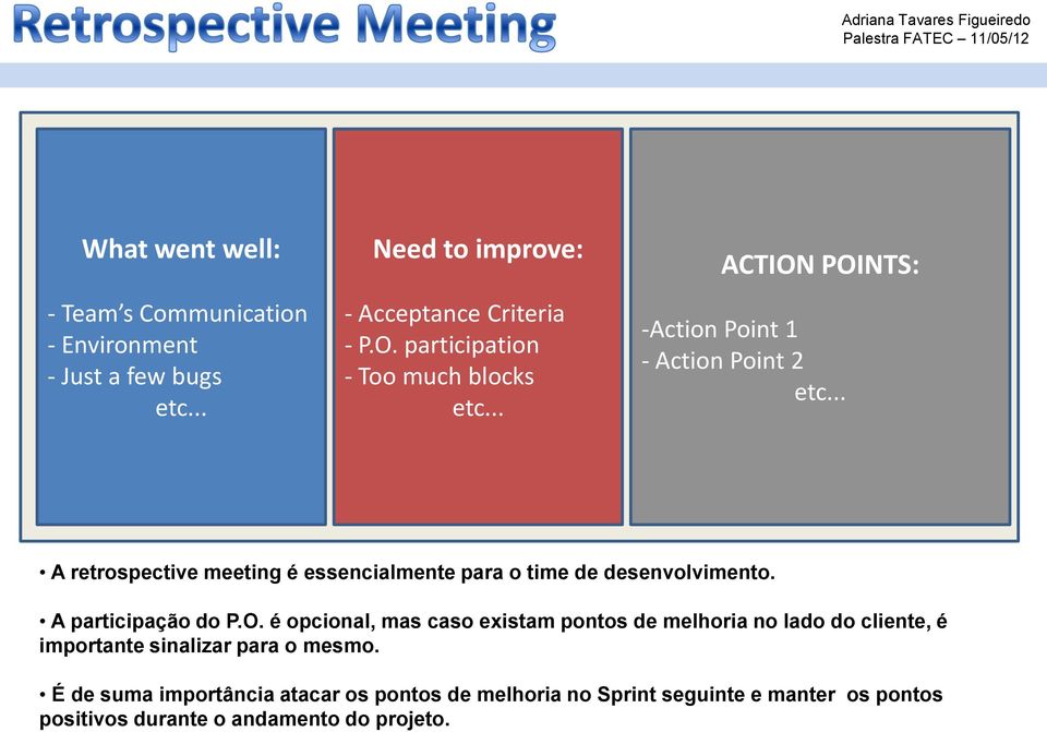 .. A retrospective meeting é essencialmente para o time de desenvolvimento. A participação do P.O.