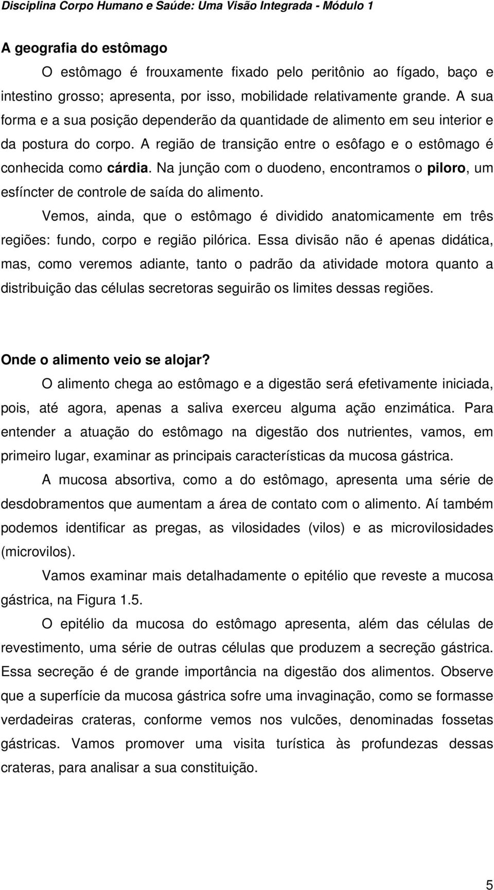 Na junção com o duodeno, encontramos o piloro, um esfíncter de controle de saída do alimento. Vemos, ainda, que o estômago é dividido anatomicamente em três regiões: fundo, corpo e região pilórica.