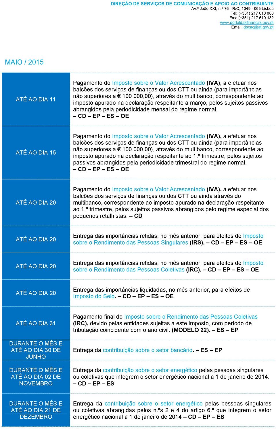 ATÉ AO DIA 15 balcões dos serviços de finanças ou dos CTT ou ainda (para importâncias não superiores a 100 000,00), através do multibanco, correspondente ao imposto apurado na declaração respeitante