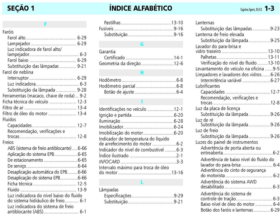 .. 13-4 Filtro de óleo do motor... 13-4 Fluidos Capacidades... 12-7 Recomendação, verificações e trocas... 12-8 Freios ABS (sistema de freio antiblocante)...6-66 Aplicação do sistema EPB.