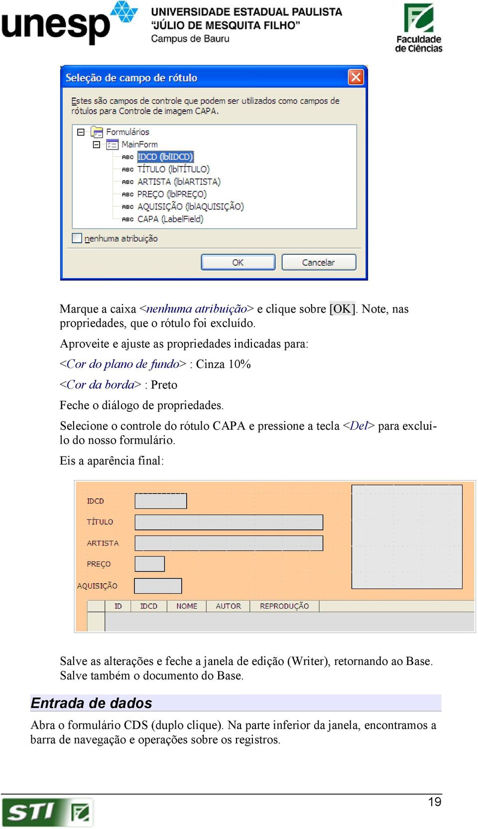 Selecione o controle do rótulo CAPA e pressione a tecla <Del> para excluílo do nosso formulário.