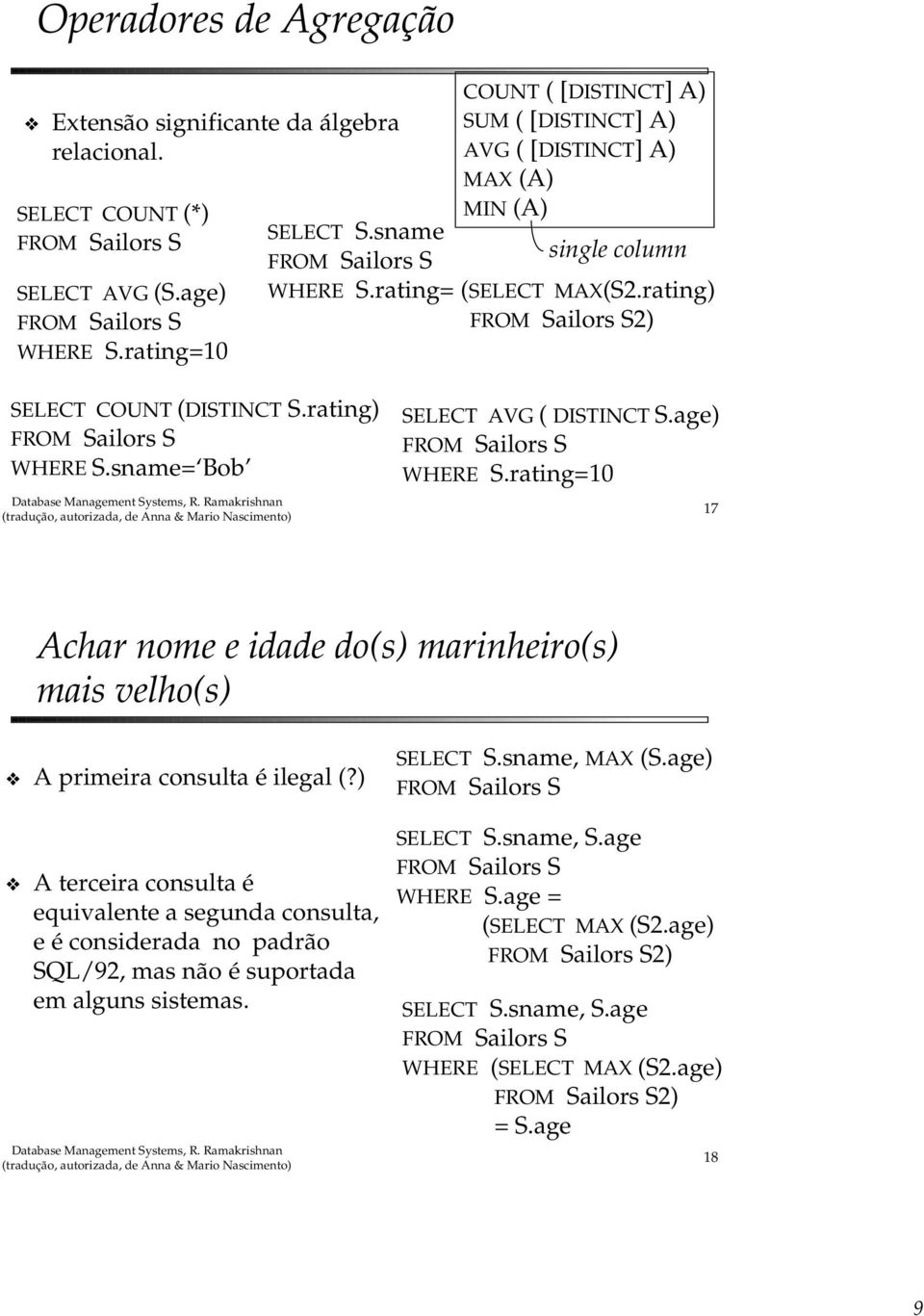 sname= Bob SELECT AVG ( DISTINCT S.age) WHERE S.rating=10 17 Achar nome e idade do(s) marinheiro(s) mais velho(s) A primeira consulta é ilegal (?