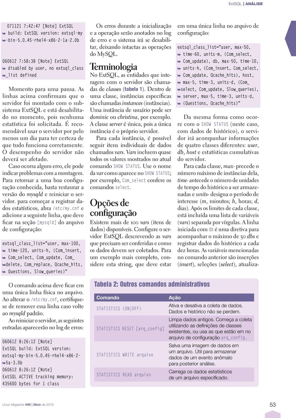 As linhas acima confirmam que o servidor foi montado com o subsistema ExtSQL e está desabilitado no momento, pois nenhuma estatística foi solicitada.