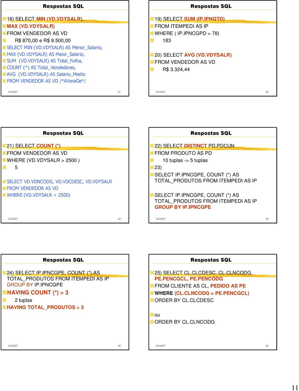 IPCGPD = 78) 183 20) SELECT AVG (VD.VDYSALR) FROM VEDEDOR AS VD R$ 3.324,44 2/2/2007 61 2/2/2007 62 21) SELECT COUT (*) FROM VEDEDOR AS VD WHERE (VD.VDYSALR > 2500 ) 5 SELECT VD.VDCODG, VD.