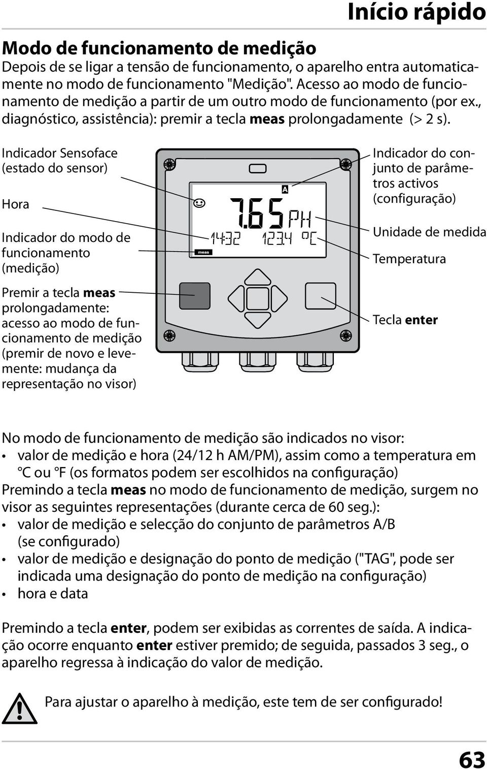 Indicador Sensoface (estado do sensor) Hora Indicador do modo de funcionamento (medição) Premir a tecla meas prolongadamente: acesso ao modo de funcionamento de medição (premir de novo e levemente: