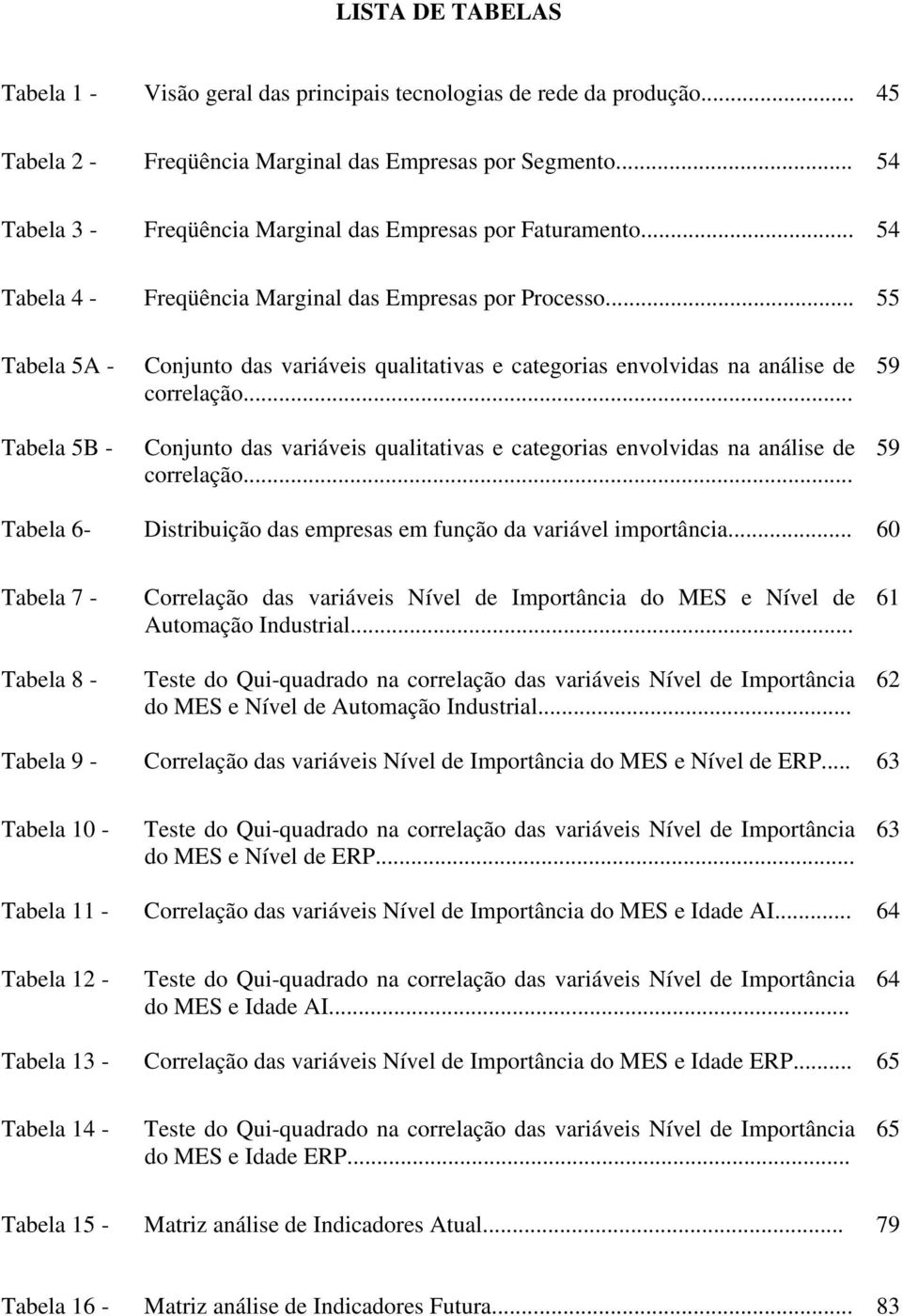 .. 55 Tabela 5A - Tabela 5B - Conjunto das variáveis qualitativas e categorias envolvidas na análise de correlação.
