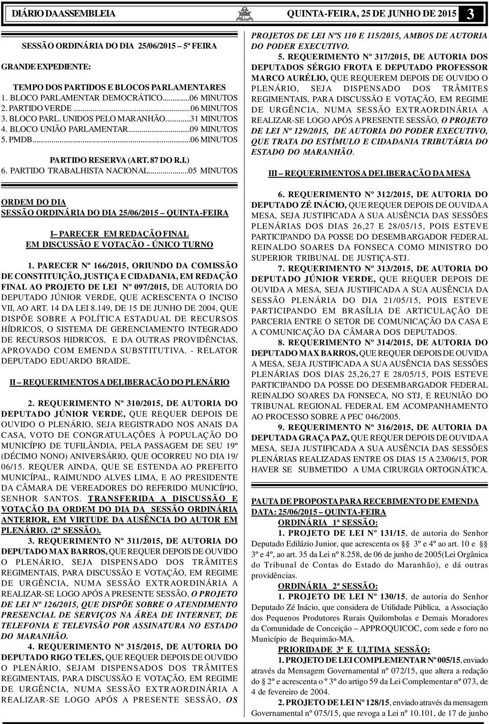 PARTIDO TRABALHISTA NACIONAL...05 MINUTOS ORDEM DO DIA SESSÃO ORDINÁRIA DO DIA 25/06/2015 QUINTA-FEIRA I PARECER EM REDAÇÃO FINAL EM DISCUSSÃO E VOTAÇÃO - ÚNICO TURNO 1.