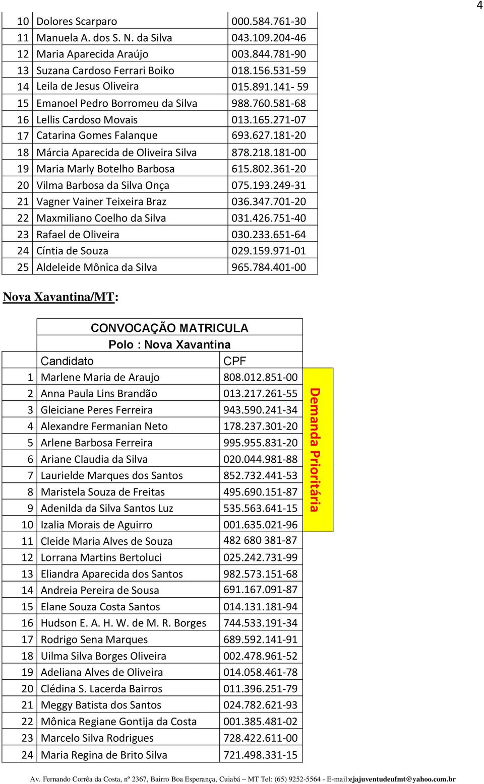 181-20 18 Márcia Aparecida de Oliveira Silva 878.218.181-00 19 Maria Marly Botelho Barbosa 615.802.361-20 20 Vilma Barbosa da Silva Onça 075.193.249-31 21 Vagner Vainer Teixeira Braz 036.347.