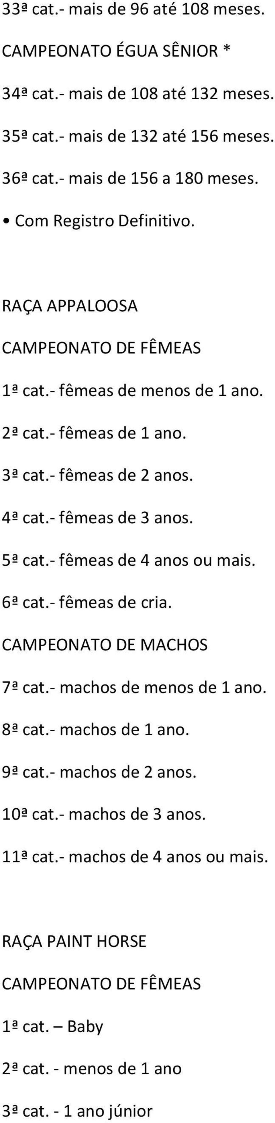 - fêmeas de 3 anos. 5ª cat.- fêmeas de 4 anos ou mais. 6ª cat.- fêmeas de cria. CAMPEONATO DE MACHOS 7ª cat.- machos de menos de 1 ano. 8ª cat.- machos de 1 ano. 9ª cat.