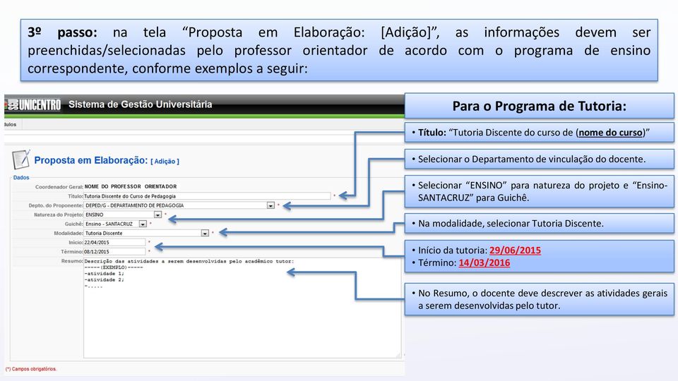 Selecionar o Departamento de vinculação do docente. Selecionar ENSINO para natureza do projeto e Ensino- SANTACRUZ para Guichê.